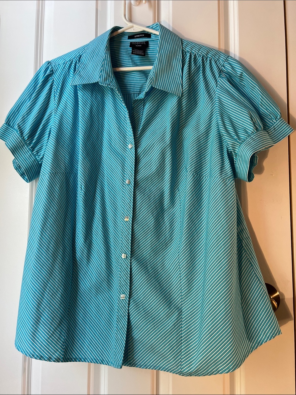 George Women's Turquoise Striped Button-Down Short Sleeve Shirt